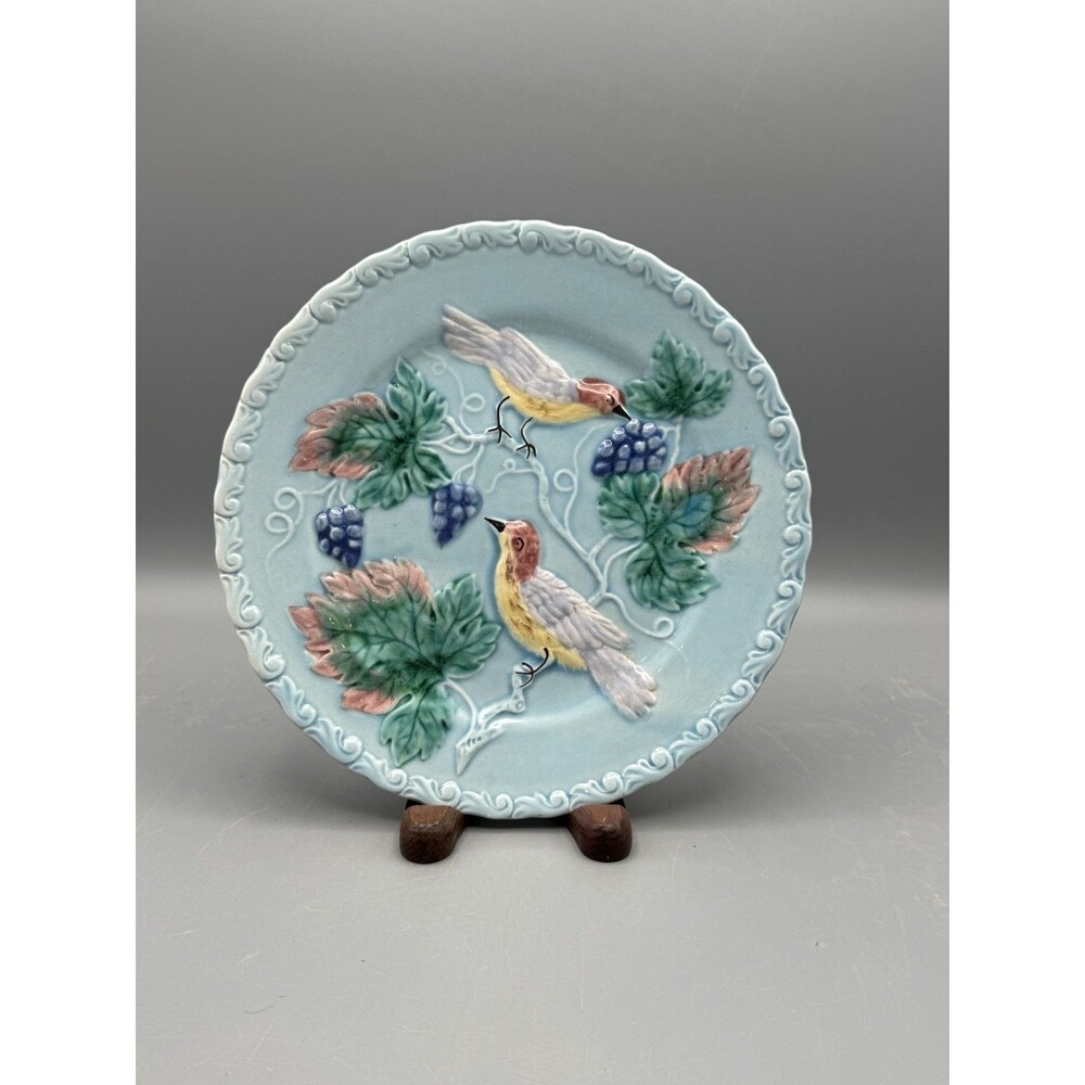 Vintage West German Zell 7.5" Majolica Plate Birds on Limbs with Grapes & Leaves